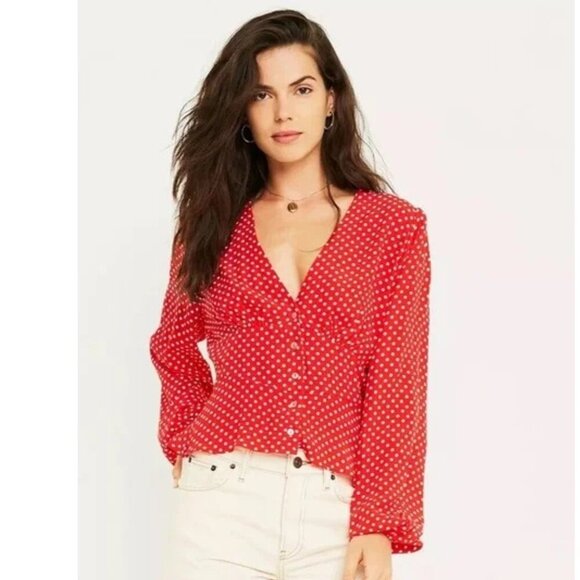 Free People Red White Retro Polka Dot Long Sleeve Love Street Top 37629 - Picture 10 of 10